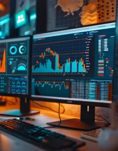 person-observing-company-market-share-profit-multiple-computer-screens-with-blurry-backdrop-text-product-advertisement-generative-ai copy